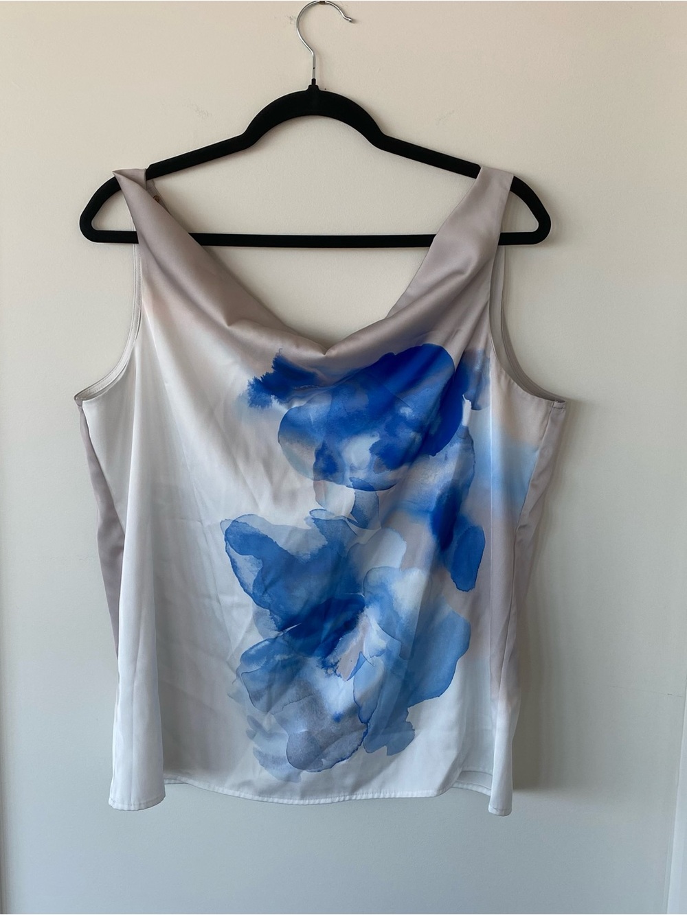 Donna Karan White Satin Cowl Neck Camisole with Blue Watercolor Print